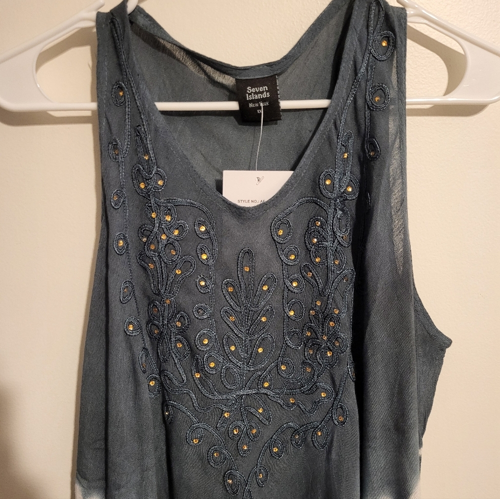 Seven Islands 1x Blue Embroidered Women's Top Dress  With Jewels New With Tag